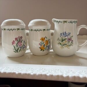 Thomson Pottery Floral Garden Pitcher Salt Pepper Shakers Botanical Set